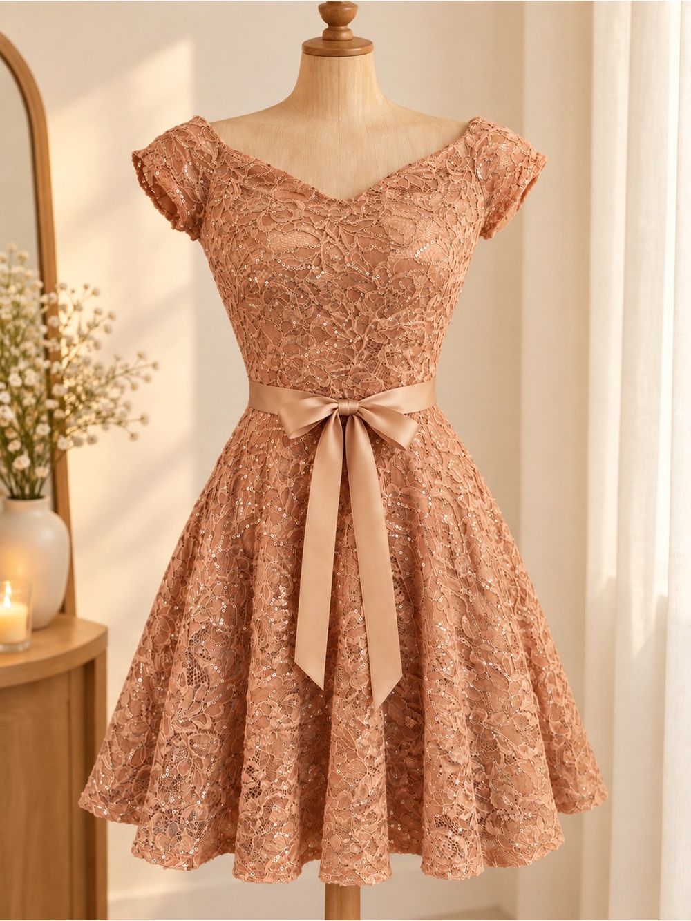 Elegant Lace A-Line Dress with Satin Bow - Blush Rose